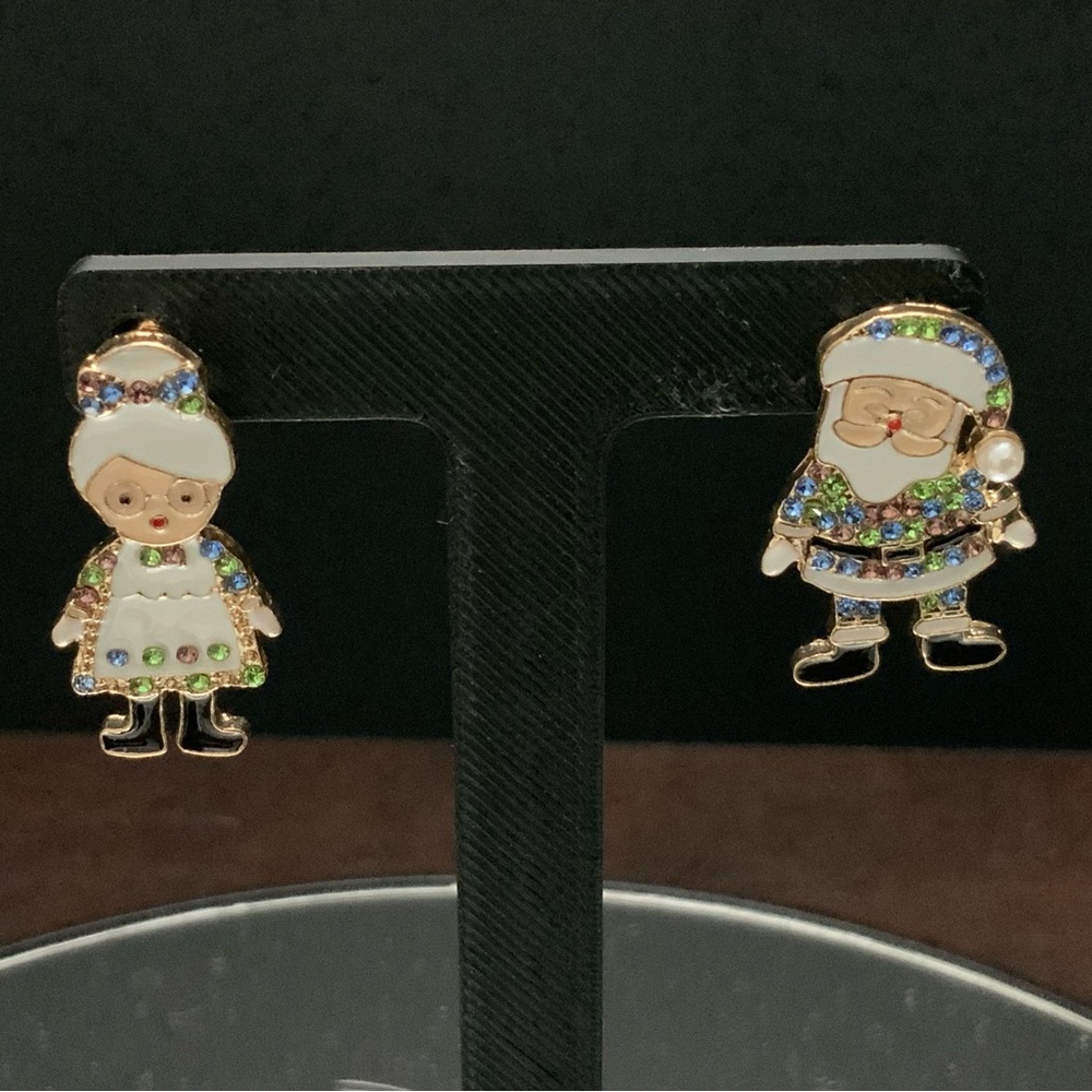 Santa and Mrs Claus Enamel and Rhinestone Earrings